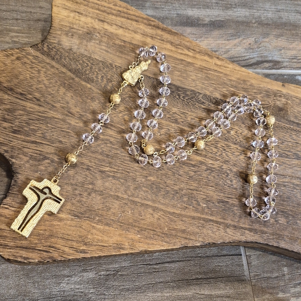 Rosary Gold Plated Faceted Pink Beads Fatima Modern Cross Pendant